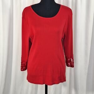 Coldwater Creek XL Red Sequin 3/4 Sleeve Ribbed Knit Top Y2K Glam Statement